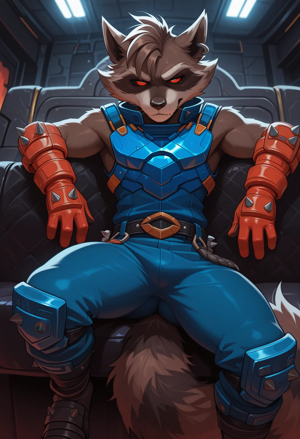 masterpiece, best quality, amazing quality, 1boy, solo, Rocketmr, blue armor, red gloves, blue pants, earring