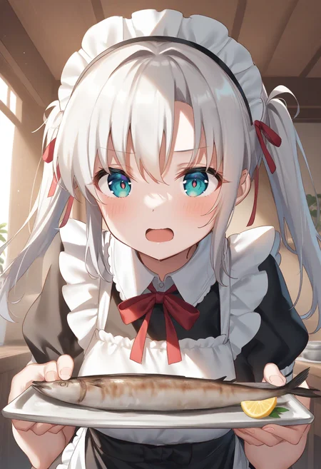 1girl,sincos, ningen mame, toosaka asagi,solo,medium breasts,20yo,maid,maid headdress,
saury, fish, apron, food, tray,holding tray,indoors, <lora:saury_XL_v1:0.8>
ceiling, portrait, looking away, white hair, aqua eyes,badmood, open mouth, front ponytail hair,,
best quality, very aesthetic, absurdres