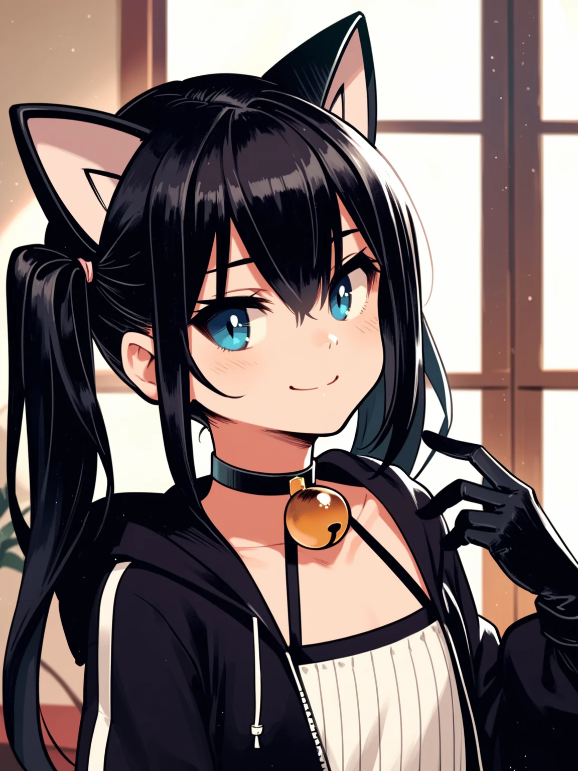 <lora:happy_tentacle-halloweengirl-v0.1-000045:1>, ht_halloweengirl, flat chest, black hair, blue eyes, , elbow gloves, thighhighs, choker, neck bell, jingle bell, twintails, cat ears, cat tail, hooded jacket , indoors, 1girl, solo, portrait , , ( smile :1.2), , , , , score_9, score_8_up, score_7_up, score_6_up, score_5_up, score_4_up