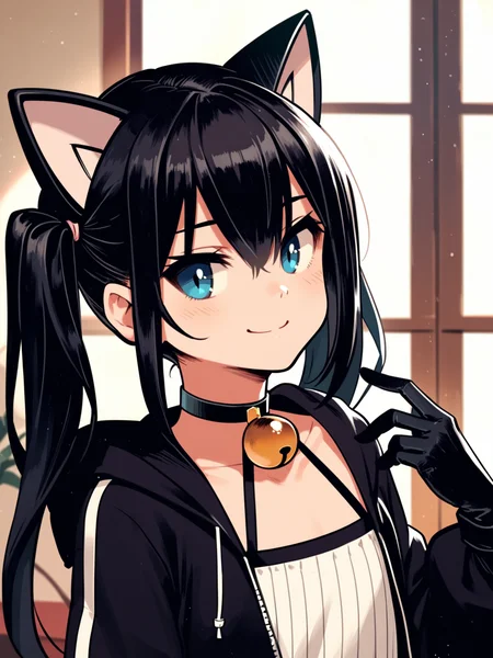 <lora:happy_tentacle-halloweengirl-v0.1-000045:1>, ht_halloweengirl, flat chest, black hair, blue eyes, , elbow gloves, thighhighs, choker, neck bell, jingle bell, twintails, cat ears, cat tail, hooded jacket , indoors, 1girl, solo, portrait , , ( smile :1.2), , , , , score_9, score_8_up, score_7_up, score_6_up, score_5_up, score_4_up
