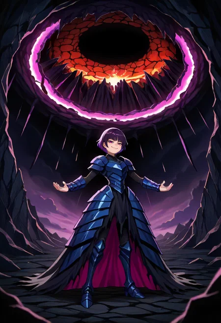 score_9, score_6_up, source_anime, 1girl, solo, split, (heaven and hell:1.2), cavern, clouds, multicolored background, multicolored lights, magic, black hole, 1girl, solo, standing, full body, armored dress, dark purple hair, smug, short hair