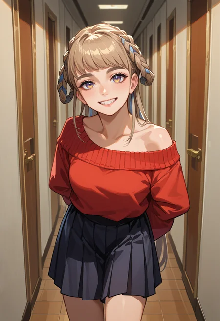 score_9, score_8_up, source_anime, 1girl, solo, PopeJoan, long hair, braided hair rings, red sweater, off-shoulder, looking at viewer, black skirt, pleated skirt, hallway, grin, arms behind back, leaning forward, <lora:ChamPopeJoanPonyXL:1>