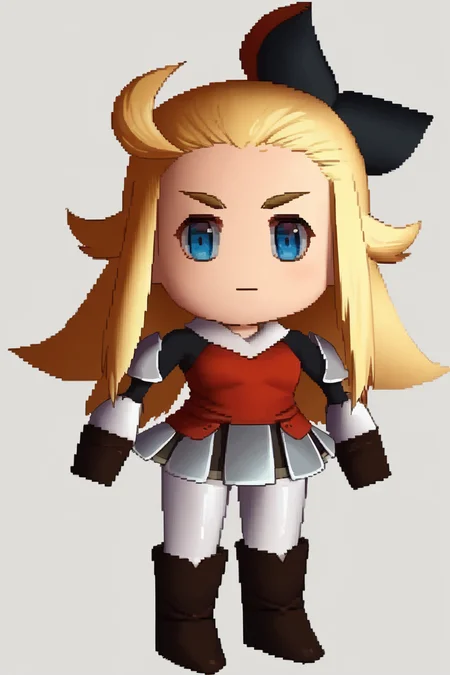 score_9, score_8_up, score_7_up, score_6_up, source_anime BREAK 1girl, solo <lora:edealee-pdxl-nvwls-v1-000005:1> bdEdea, blonde hair, ahoge, black bow, hair bow, red shirt, armored skirt, white leggings, thigh boots, brown gloves <lora:zs_FFVIIChibisXL:1> ffviichibis, chibi, standing, full body, white background