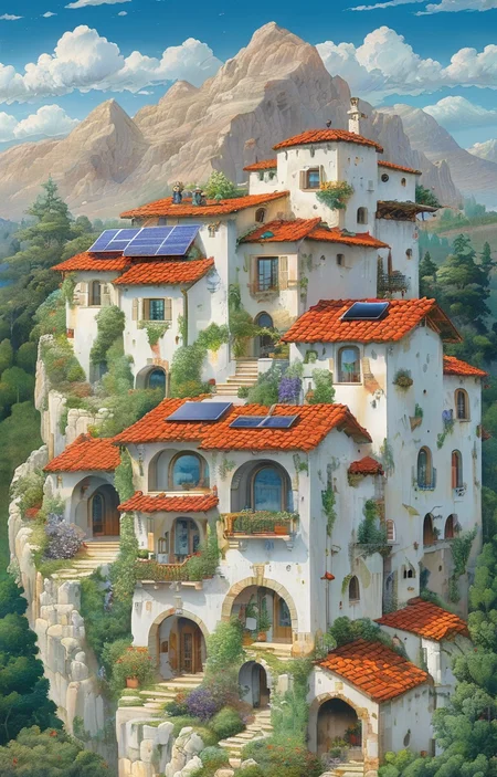 masterpiece,best quality,<lora:tbh306-sdxl:0.9>,illustration,design by Michael Graves, Sustainable eco-village with green roofs and solar panels, nestled in a mountain valley