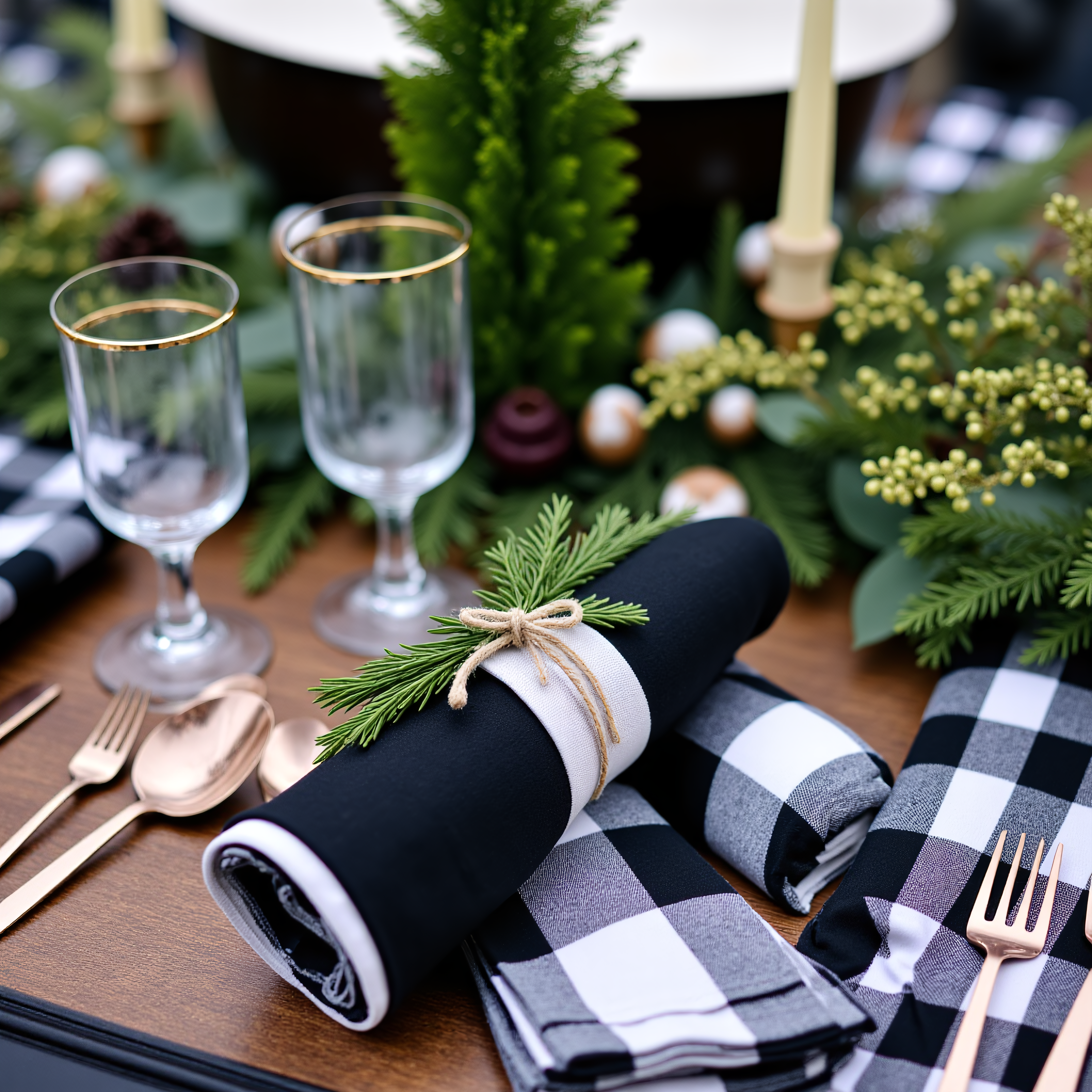 A close-up of a rustic, wooden dining table setting, decorated for a Christmas. Two place settings are visible, each with a black and white buffalo plaid napkin, tied with twine and adorned with a sprig of evergreen.  The napkins are rolled and slightly overlapping.  Cutlery, consisting of a spoon and fork, in a muted rose gold tone, rests on the table next to the folded napkins.  Clear wine glasses with gold rims, which also stand on the table.  The table is generously adorned with greenery; the composition includes various shades of green, from emerald to olive and muted sage.  Small evergreen boughs, eucalyptus leaves, and sprigs form a wreath-like arrangement around the settings.  A few small, artificial or miniature evergreen trees are incorporated into the garland.  A soft, warm, natural light source illuminates the scene.  The overall aesthetic is impressionistic rather than photorealistic, with gentle, slightly out-of-focus background elements, suggesting a depth of field.  A faint, muted candle or light source is visible above the greenery. The color palette is muted and warm-toned, centered around different shades of green, brown, and gold, and the black and white plaid patterns.