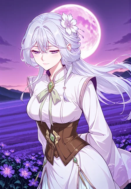 <lora:Chu_Qingcheng__Demon_Emperor__Illustrious:1>
1 girl, solo, long hair, white hair, layered hairstyle, side-swept bangs, flower hair ornament, hair flower, purple eyes,
chinese clothes, white long dress, gold-trimmed dress, brown corset, emerald gem, gem brooch, front bow, long sleeves
score_9, score_8_up, score_7_up, very aesthetic, source_anime, detailed, high quality, beautiful, masterpiece, detailed eyes, field, blurry background, pose dynamic angle, upper body, cowboy shot, light smile, floating hair, half-closed eyes, hands behind back, leaning forward, looking forward, looking at viewer, purple moon, purple sky, night, <lora:iLLMythG0thicL1nes:1>