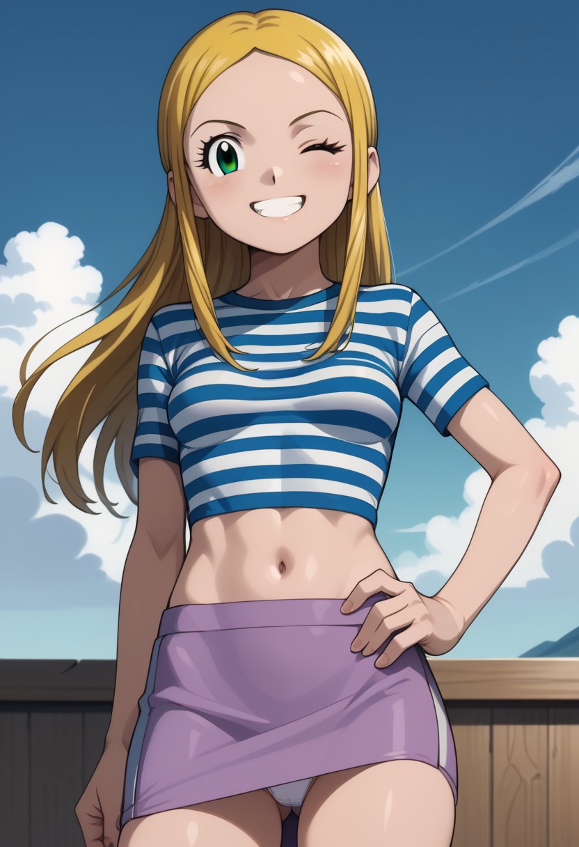 score 9, score 8 up, score 7 up, digimon frontier, izumi orimoto, 1girl, solo, blonde hair, green eyes, one eye closed, smile, navel, panties, striped, striped shirt, underwear, long hair, skirt, shirt, hand on hip, white panties, midriff, grin, crop top, teeth, looking at viewer, sky, pantyshot, blue sky, short sleeves