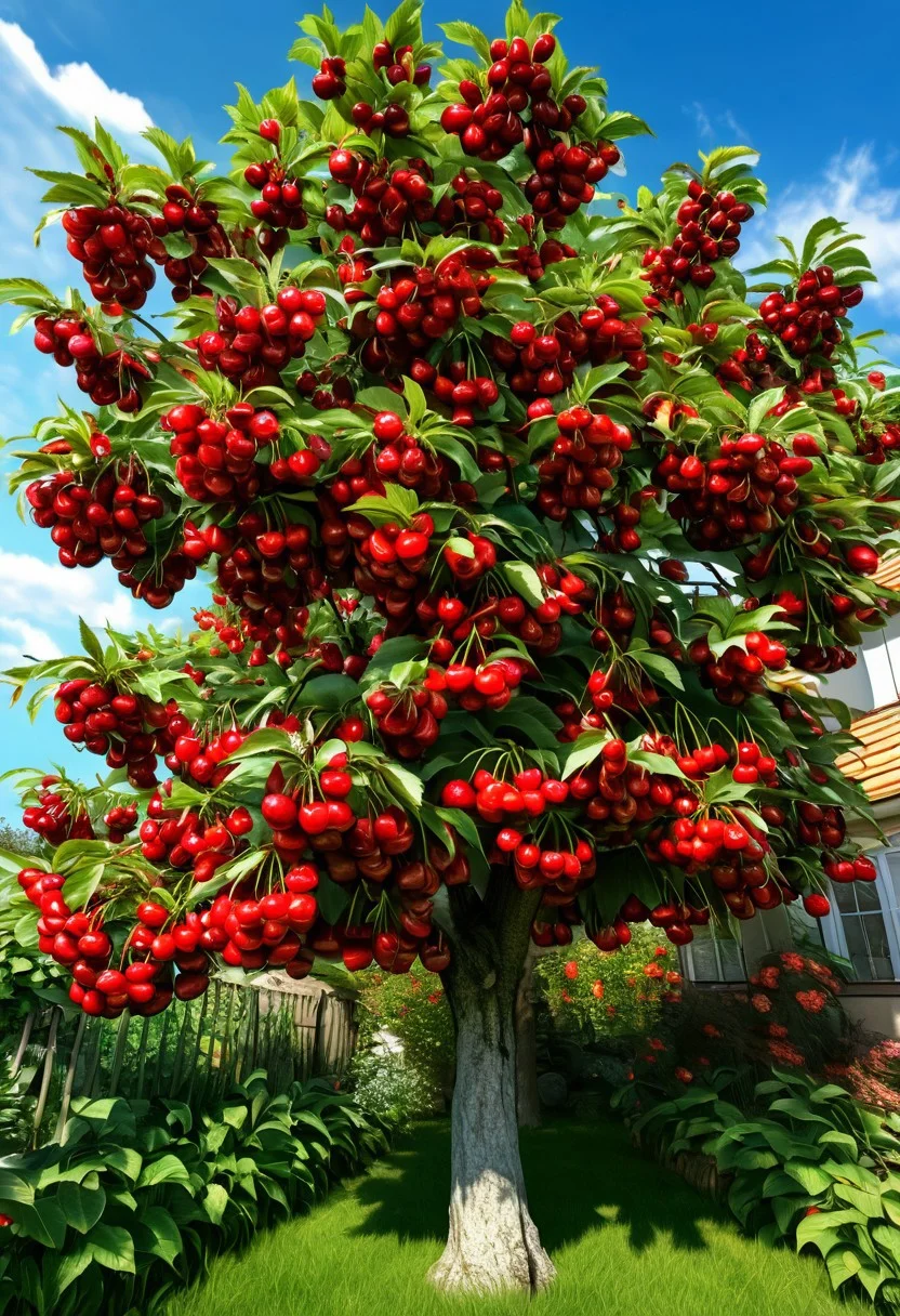 real, realistic cherry tree, full of fruit, the branches full of red cherries, in an house garden, massive, realistic sky,