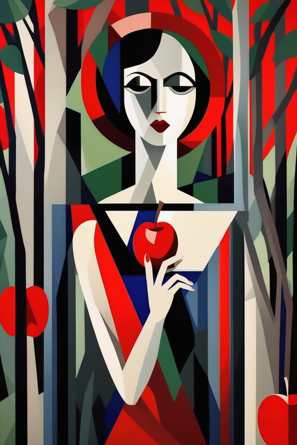 <lora:Natalia Goncharova Style:1>Natalia Goncharova Style - A woman and an apple in a forest in the style of Constructivism