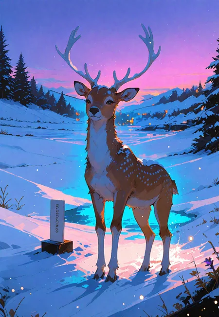 masterpiece, masterworks, best quality, amazing quality, very aesthetic, absurdresScore_9,score_8_up,(masterpiece),((editorial magazine award winning picture)),((Particles effect)),(masterpiece), best quality, night time(Masterpiece), Detailed award winning scenary,Realistic , Perfect snow,violet sky lighting,Deer looking at you,Scenary , snow falling,(desolate,cold),beautiful retro lighting reflected on snow, LowKeyLights, Chiaroscuro Lighting Style, style of Dan Mumford,retro lighting,very textured, fantasy aesthetic, elegant perfectionism, Pixel art
,