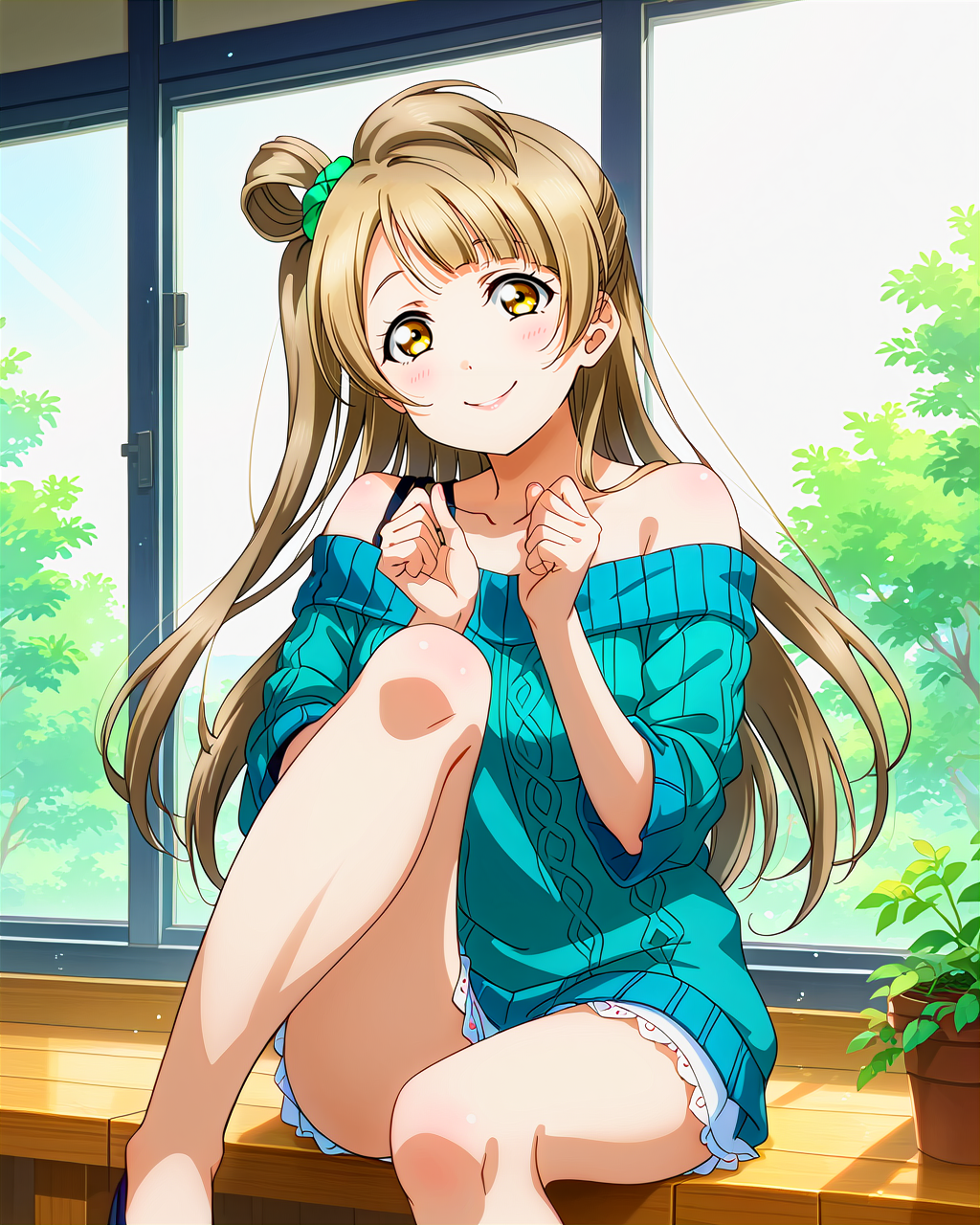 score_9, score_8_up, score_7_up, score_6_up, source_anime, looking at viewer, ((love live!, 1girl, minami kotori, yellow eyes, light brown hair, long hair, one side up)) (Sitting on a window sill, legs stretched out, gazing outside), (yale blue off-shoulder sweater), (Virtual reality arcade with immersive gaming experiences), smile, happy,  <lora:LLChar_Pony:0.8> love live!