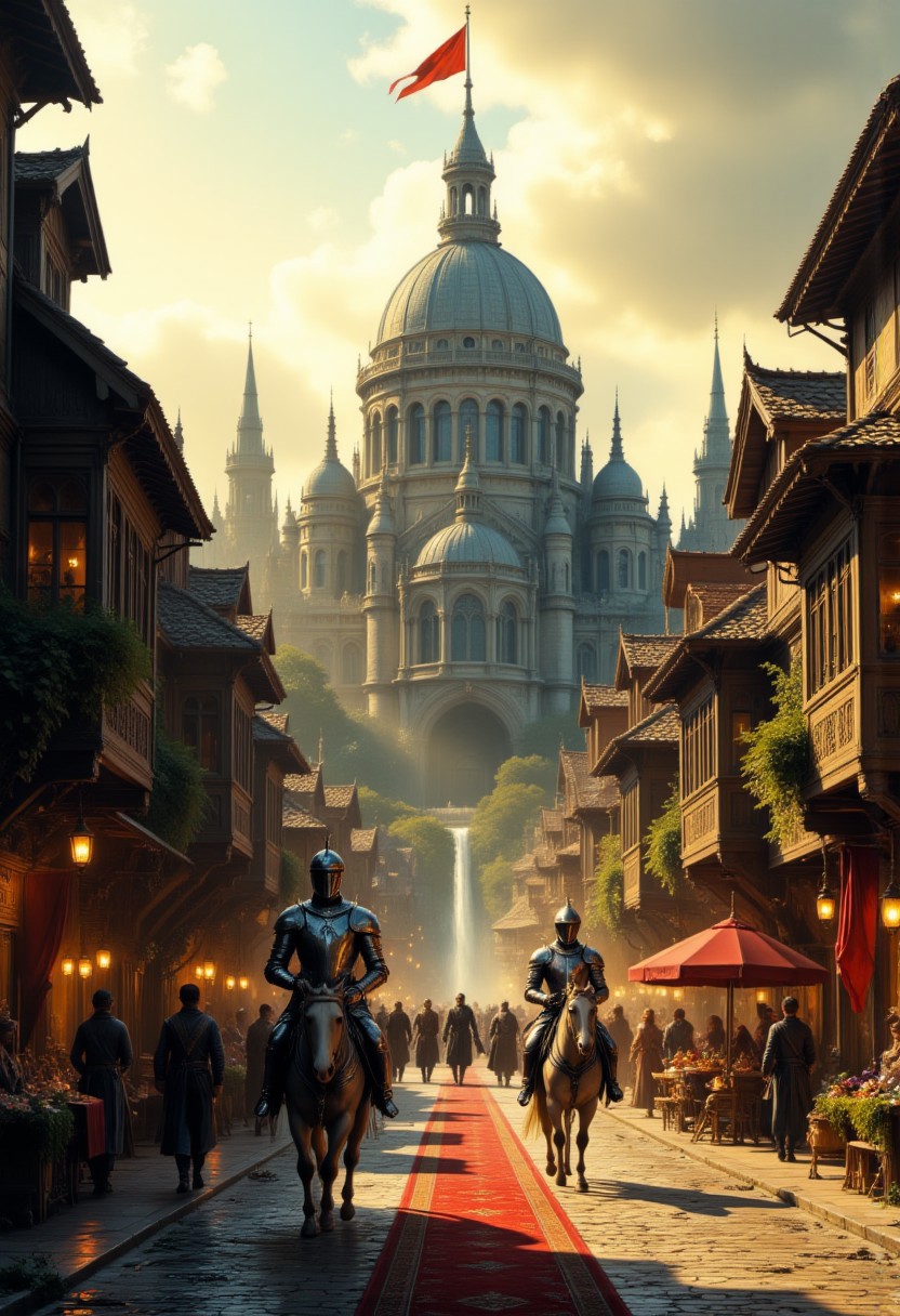 A medieval fantasy scene, set in a European castle or town. The scene is bathed in golden, late afternoon light, casting long shadows and creating a warm, ethereal atmosphere. The central focus is a grand, domed cathedral with ornate Gothic architecture, featuring multiple spires and arched windows. The cathedral's dome is adorned with intricate carvings and a red flag waves from its highest point. In the foreground, a cobblestone street is flanked by wooden buildings with thatched roofs, illuminated by soft, warm lights from lanterns hanging overhead. The street is adorned with a red carpet running down the center, adding a touch of grandeur. Several armored knights, dressed in heavy chainmail and helmets, walk down the street, some on horseback, creating a sense of nobility and authority. The knights' armor is detailed with intricate designs, emphasizing their status. The background showcases more buildings and a bustling market scene, with people milling about and engaging in various activities. The overall texture of the image is highly realistic, capturing the rich textures of stone, wood, and metal, with a meticulous attention to detail that brings the scene to life. highly detailed, 8k, sharp, midjourneyv6.1, in the style of Jed-clrfl, orange sphere on the background