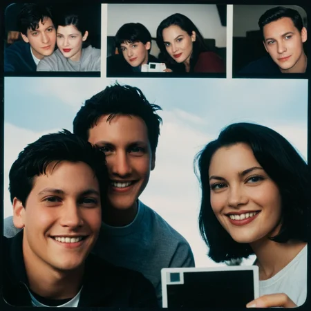 <lora:add-detail-xl:1>
<lora:detailed:0.3>
<lora:perfection style:0.3>
<lora:xl_more_art-full_v1:0.3>
<lora:Donnie Darko film style:1>
a man and two women in front sitting next to each other taking a selfie with Polaroid,looking at viewer,smile,short hair,black hair,male focus,multiple,lips,book,3boys,realistic , cinematic, film, Donnie Darko film style