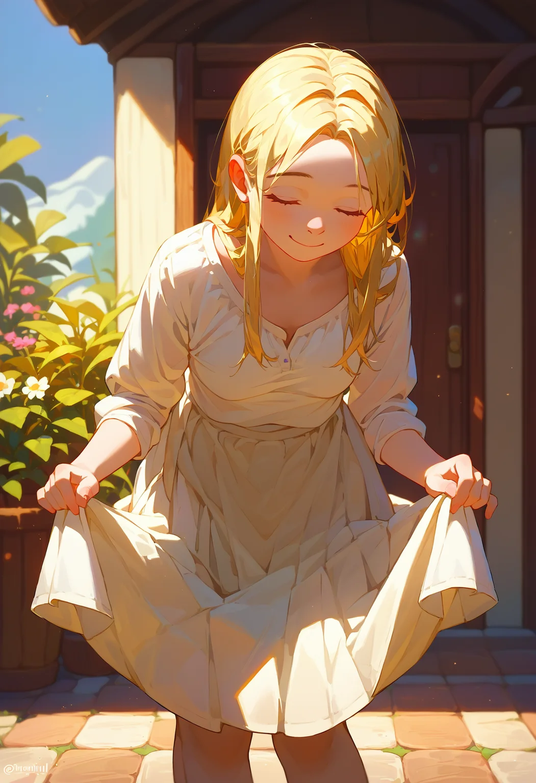score_9_up score_8_up score_7_up, 1girl, solo, skirt hold bowing, smile, closed eyes, facing viewer, looking at viewer, leaning forward
<lora:skirt_hold_bowing_d16:1>
<lora:falin_marcille_pony_d16:1>