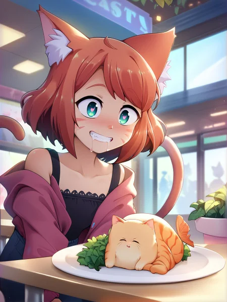 score_9, score_8_up, score_7_up, best quality, masterpiece, 4k, uncensored, prefect lighting, rating_safe cat girl sparkling eyes drooling looking at fish on plate in mall <lora:geewhy_xl5:1> geewhy_style
