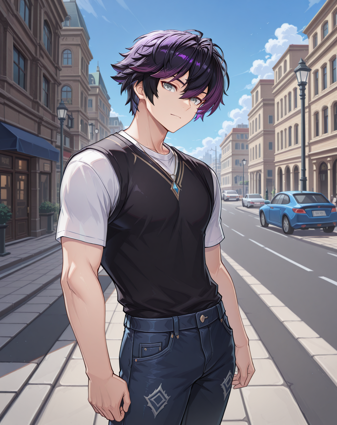 masterpiece,best quality,amazing quality, newest, very aesthetic, absurdres,
1boy, solo, yaoi, male focus, looking at viewer, cowboy shot, standing,
<lora:Sieghart_T_Default_ilxl:1> siegtdefault, black hair, multicolored hair, purple hair,hair between eyes, short hair, two-tone hair, grey eyes,
white shirt, jeans, sneakers,
outdoors, day, blue sky, building, street, road, lamppost, car,