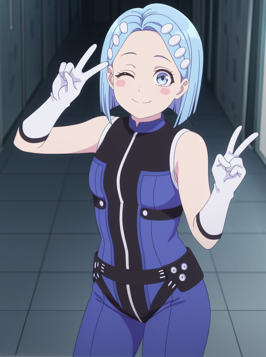 masterpiece, best quality, amazing quality, very aesthetic, absurdres, newest,  anime screenshot,  anime coloring,  <lora:KomachiAizomeBlue:1>komachiaizomeblue, blue hair, 1girl, short hair, solo, hair ornament, gloves, sleeveless, white gloves, bodysuit,  v_sign wink smile,