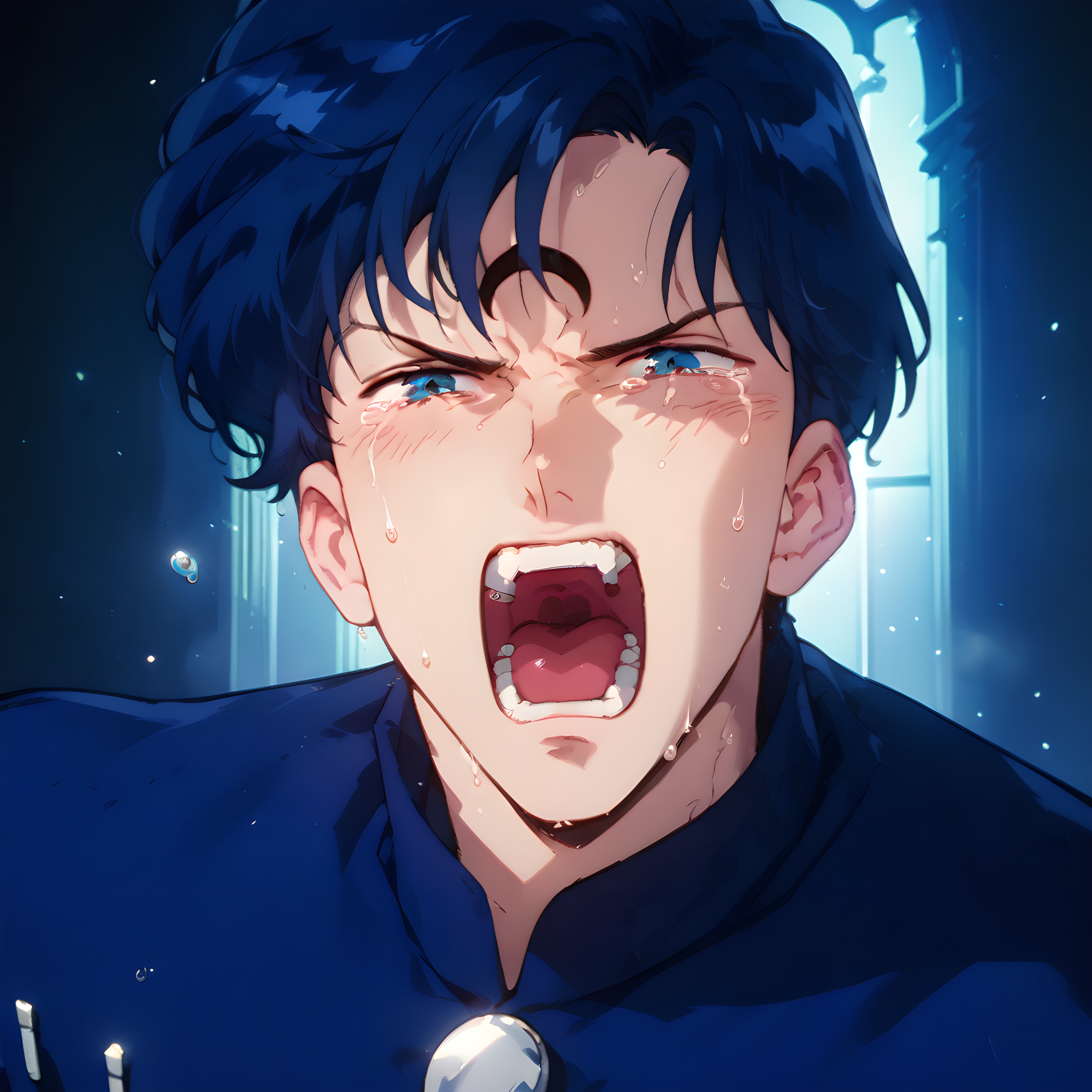 score_9, score_8_up, score_7_up, score_6_up, score_5_up, score_4_up, 1boy, male focus, looking at viewer, <lora:Sapphire_Sailor_Moon:1> sapphire, tears, sulking, screaming, blue hair, blue eyes, crescent facial mark, lots of details, best aesthetic, masterpiece, best quality, absurdres