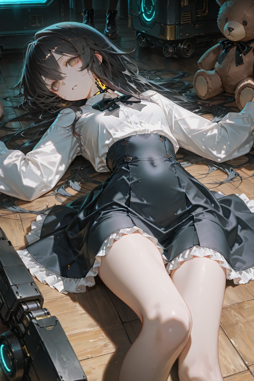 masterpiece,best quality,girl, solo, long hair, looking at viewer, shirt, skirt, black hair, long sleeves, bow, hair between eyes, very long hair, brown eyes, white shirt, parted lips, lying, shoes, collared shirt, solo focus, bowtie, black skirt, on back, black footwear, black bow, shadow, stuffed toy, frilled skirt, stuffed animal, high-waist skirt, black bowtie, empty eyes, teddy bear, wooden floor, on floor, multiple others, disembodied limb, glowing, science fiction, machinery,wide shot, cyberpunk,<lora:FleeceFade:0.7>,<lora:cunnyfunkystyle:0.3>,cunnyfunkystyle,<lora:MatteSkin_Illustrious_v4:1>