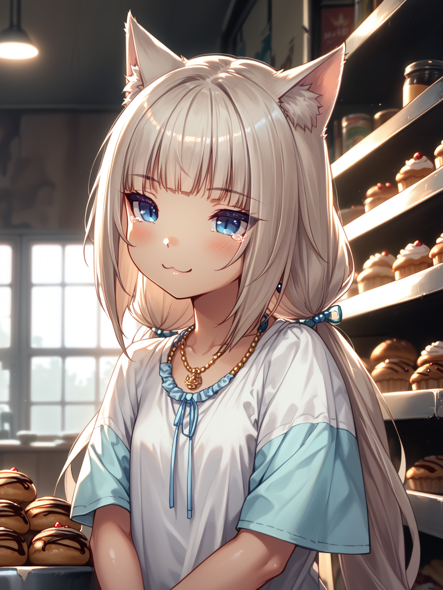 (cowboy shot, solo focus:1.2) <lora:happy_tentacle-vanilla-v0.1-000010:0.9>, ht_vanilla, (cat ears, cat girl, very long hair, blue eyes:0.8) (petite:1.2), <lora:Shed_The_Skin's StS_age_slider_v1_initial_release:-1.5>, jewelry, necklace, earrings, bracelet ( (head back :0.8) , (crying with eyes open:0.8) , ( naughty face :1.2) , crazy smile , (looking down:1.2) :1.1) indoors, ((dusk :0.6), :0.8), ( window :0.9), (furniture:0.9), abandoned , (sidelighting:0.5), (light rays, light particles:0.5) , , , ( :0.9), shop , (bakery :1.2), shelf ( :0.8) score_9, score_8_up, score_7_up, score_6_up, score_5_up, score_4_up, ( [(realistic, photorealistic:1.3):(realistic:1.2):16] [(3d:1.2)::14] :1) <lora:LUUNA's Lunas-NijiJourney-SDXL-B2:0.35>, nijijourney <lora:prgfrg23's Counterfeit-V3.0 Style SDXL_LoRA_Pony Diffusion V6 XL:0.6> <lora:mfcg's mfcgXL:0.12> <lora:reweik's gyokai(himehajime)_PonyXL_style_v01:0.14>