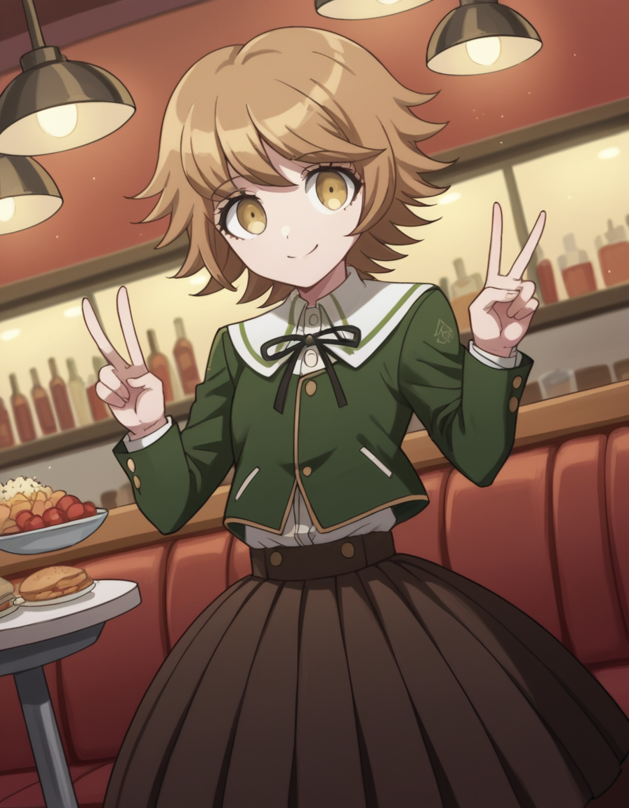 score_9, score_8_up, score_7_up, source_anime, <lora:chihiro-fujisaki-s1-ponyxl-lora-nochekaiser:1>, chihiro fujisaki, short hair, bangs, brown hair, brown eyes, male focus, otoko no ko,, skirt, shirt, long sleeves, ribbon, school uniform, jacket, pleated skirt, black ribbon, neck ribbon, brown skirt, green jacket,, restaurant, laughter, good food, warm lighting, celebration, smile, looking at viewer, hand making a peace sign, solo,, cowboy shot, dutch angle