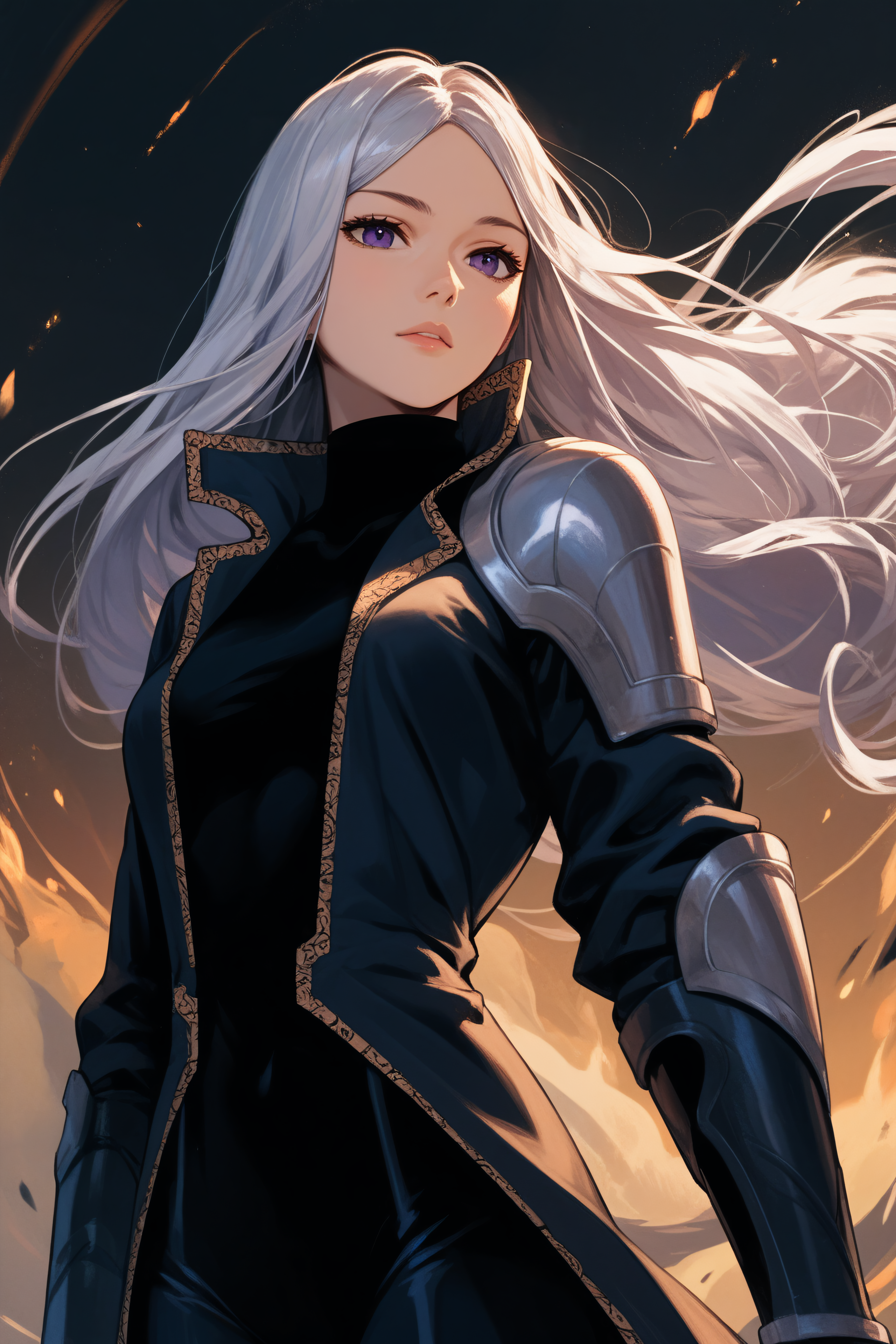score_9, score_8_up, score_7_up, score_6_up, source_anime, <lora:Luna Runcandel-PonyXL-lora-Faxtron:1> luna runcandel, purple eyes, white hair, long hair, medium breasts, coat, bodysuit, gauntlets, pauldrons, standing,