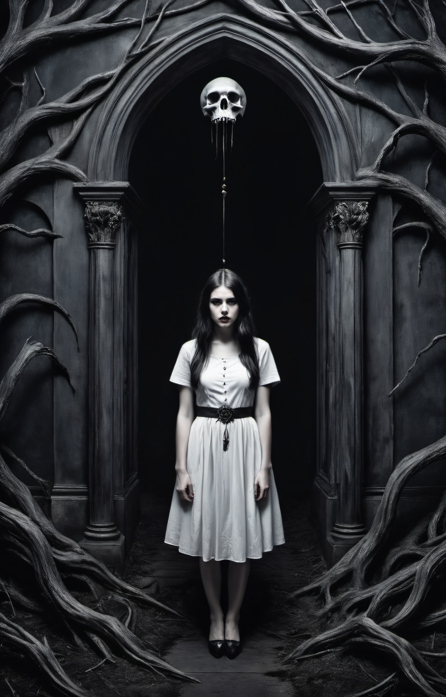 Horror-themed create an award-winning photograph of a young woman exploring an original and unconventional theme that captivates and amazes the viewer.  Push boundaries of traditional concepts,infusing the image with creativity and wonder,leaving a lasting impression on those who behold it.,absurdres,intricately detailed,32K, . Eerie, unsettling, dark, spooky, suspenseful, grim, highly detailed