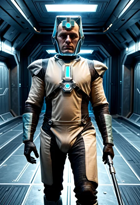 Corpus crewman in a spaceship corridor, science fiction, dramatic shot, male focus, 1boy, male corpus crewman wearing corpus crewman helmet, robot, rectangular helmet, blue light bar on helmet, brown and black corpus crewman suit, (helmet with hard edges, helmet with a flat front face, helmet with hard corners, helmet with blue light strip), black shoulder pad, tubes from metal chest plate, black gloves with silver palms, blue circle near hips, metal bands below fore arm, fit, athletic build, square patch on thigh, holding electric baton,
realistic texture, realism, best quality,
(((Corpus, corpus crewman, Tan and black corpus suit, corpus tileset, Corpus helmet, wearing helmet, wearing corpus helmet,))) moa in the background, two legged robot in the background,