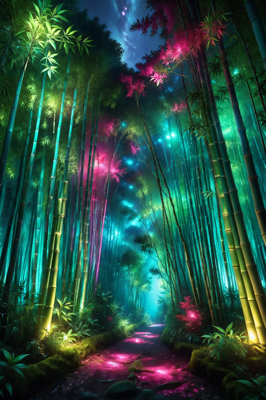 bamboo grove with glowing stalks, morph-aurora, rainforest canopy with lush vines, detailed background, best quality, vibrant colors, realistic style, high detail, hyper-realistic, highres, 4K resolution, realistic photo, masterpiece, ultra-detailed, cosmic shine, teals and magentas, soft glow, dynamic angle, wide shot, <lora:add-detail-xl:1> <lora:aurora_0_100_V1-000009:0.65>