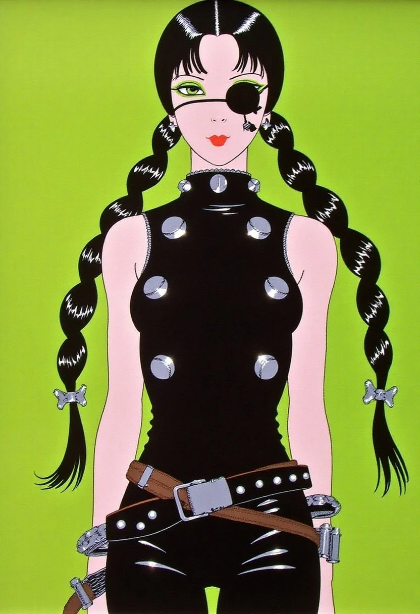 ernestogarciacabral1 illustration, Expressionist illustration style, bold exaggerated linework, stylized female figure, East Asian woman shown from waist up, intense studio backdrop, exaggerated poised stance, expressive posture with sharp emotion, skin rendered in smooth porcelain tones with high contrast shadows, illustrated soft light with cool undertones and glowing ambient rim light, over-accentuated glossy black latex top, high neckline, tight form, detailed with oversized silver studs and thick chrome chains, drawn shimmering reflections and surreal highlights, matte black eyepatch oversized and symmetrical, vibrant lime green eyeshadow stylized and exaggerated to spill from edges, long black hair illustrated with hyper-shiny wet texture, dual braids twisted and flowing with glossy cartoon sheen, thick black clips at ends, minimal jewelry with enlarged silver chains drawn in stylized glint, bold flat fluorescent green background, high saturation and intense contrast, cyberpunk expressionist mood, exaggerated moisture highlights on hair and latex with layered reflective textures, gritty crosshatch grain effect, deep dramatic shadows and extreme shallow focus in illustration depth, fusion of vintage film poster glamour with dystopian fashion exaggeration, fashion-forward freeze-frame energy, surreal control in composition and exaggerated character presence.