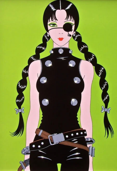 ernestogarciacabral1 illustration, Expressionist illustration style, bold exaggerated linework, stylized female figure, East Asian woman shown from waist up, intense studio backdrop, exaggerated poised stance, expressive posture with sharp emotion, skin rendered in smooth porcelain tones with high contrast shadows, illustrated soft light with cool undertones and glowing ambient rim light, over-accentuated glossy black latex top, high neckline, tight form, detailed with oversized silver studs and thick chrome chains, drawn shimmering reflections and surreal highlights, matte black eyepatch oversized and symmetrical, vibrant lime green eyeshadow stylized and exaggerated to spill from edges, long black hair illustrated with hyper-shiny wet texture, dual braids twisted and flowing with glossy cartoon sheen, thick black clips at ends, minimal jewelry with enlarged silver chains drawn in stylized glint, bold flat fluorescent green background, high saturation and intense contrast, cyberpunk expressionist mood, exaggerated moisture highlights on hair and latex with layered reflective textures, gritty crosshatch grain effect, deep dramatic shadows and extreme shallow focus in illustration depth, fusion of vintage film poster glamour with dystopian fashion exaggeration, fashion-forward freeze-frame energy, surreal control in composition and exaggerated character presence.