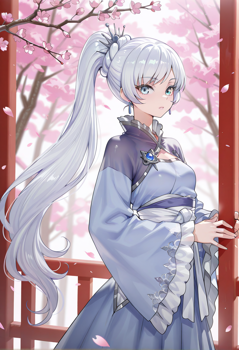 1girl, bangs, blue eyes, branch, cherry blossoms, chinese clothes, earrings, flower, hair ornament, japanese clothes, jewelry, long hair, long sleeves, looking at viewer, petals, solo, standing, tree, weiss schnee, wide sleeves<lora:MellowVeil-000025:1>