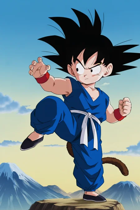 anime screencap, masterpiece, best quality, amazing quality, very aesthetic, absurdres,  newest, official style,
son goku, child, official style, solo, black hair, 1boy, standing, tail, full body, male focus, outdoors, sky, cloud, black eyes, standing on one leg, spiked hair, wristband, mountain, fighting stance, dougi, monkey tail, blue pants, male child, blue topwear, black footwear, raised eyebrow, v-shaped eyebrows, leg up, shoes, white sash, sleeveless,
 <lora:SonGoku_IL:0.8>