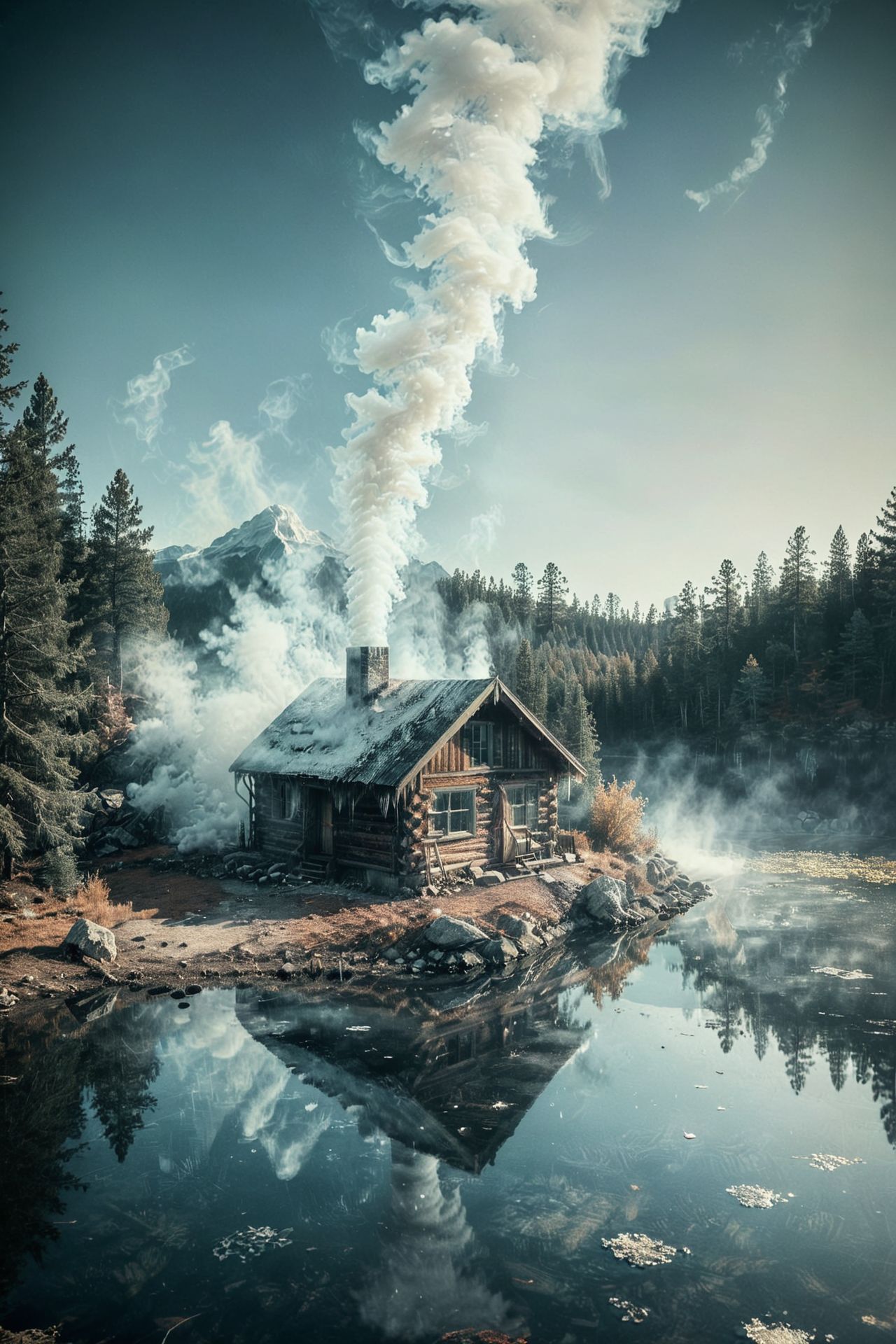 Secluded Cabin: A cozy, secluded cabin in the woods, with smoke rising from the chimney and a serene lake nearby. 
vignette,unique, masterpiece, 1 of 10000, most worth piece of art,   <lora:CBS_novuschroma37 style_b:1.2> (novuschroma37 style, style of experimental photography, double exposure:1.2)
 <lora:xl_more_art-full_v1:0.4>
 OverallDetailXL 
<lora:add-detail-xl:1>
 <lora:CinematicStyle_v1:0.5> 
<lora:Ice:0.95> ice