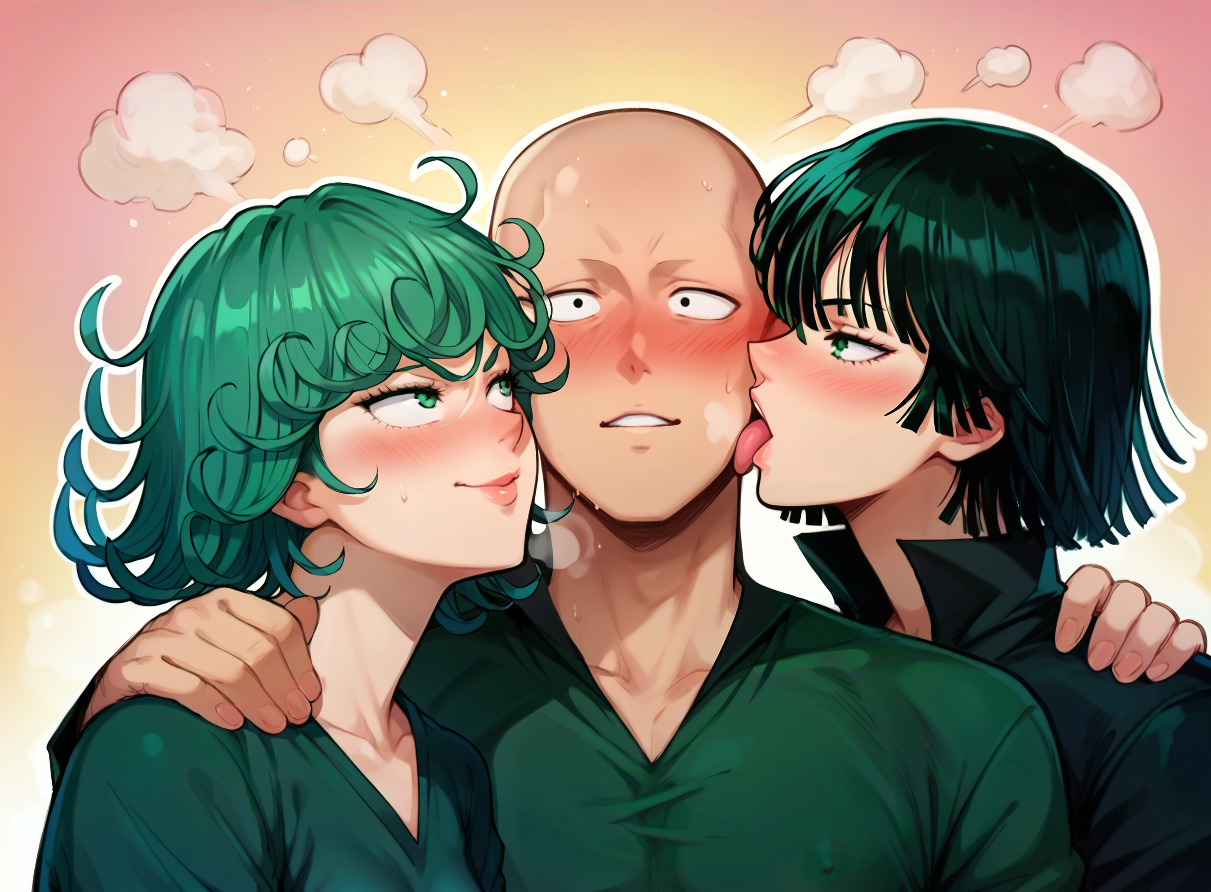 score_9, score_8_up, score_7_up, score_6_up, 2d, 2girls, 1boy, (facelick), licking face, face licking , steam, saitama (one punch man), multiple girls, fubuki (one punch man), (fully nude:1.2), nipples,  tatsumaki (one punch man), close-up, bald male,  sandwiched, arm around shoulder, suprised, blush, happy, aroused, 90s4n1m3, <lora:ShadNewLycoXL:0.2> <lora:incase-ilff-v3-4:0.3> <lora:hutagoXL:0.5> <lora:90s4n1m3XLP:0.45> <lora:Sakura_No_Tomoru_Ei_E_Style_pony:0.3> <lora:facelick:1>