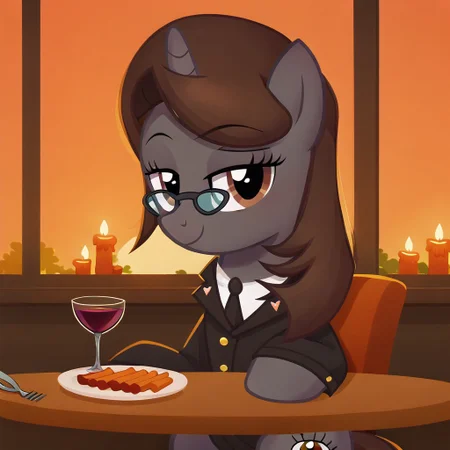 masterpiece, perfect detail, best high quality, source_pony, show accurate, cute, 1girl, 1man, solo, female, oc:sonata, glasses, attorney suit, badge on collar, pony, tail, sitting, sitting in chair, table, wine glass, plates, silverware, forks, knives, napkins, fancy restaurant, dinner, candles, windows, sunset, smile, closed mouth, beautiful, pov, bedroom eyes, looking at you, human male, offscreen character, sitting across from character, suit, hands on table, score_9, score_8_up, score_7_up, score_6_up, score_5_up, score_4_up