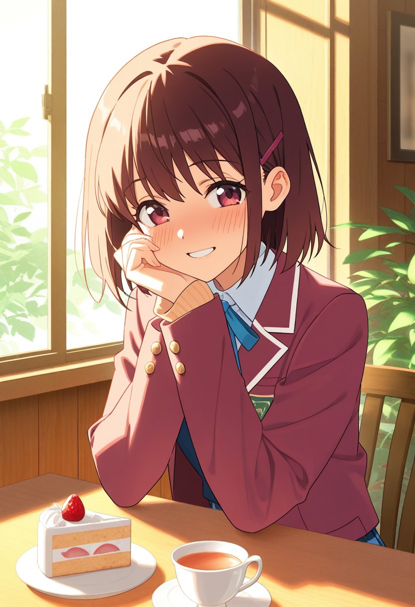 masterpiece, best quality, high quality, high details, source_anime, score_9, score_8_up, score_7_up, extremely detailed,
cheerful high school girl in uniform, sitting at cozy café table with tea and strawberry cake, smiling gently, warm sunlight through window, wooden interior, plants around, soft shadows, gentle blush, soft focus background, pastel tones, heartwarming anime style, shoulder-up view