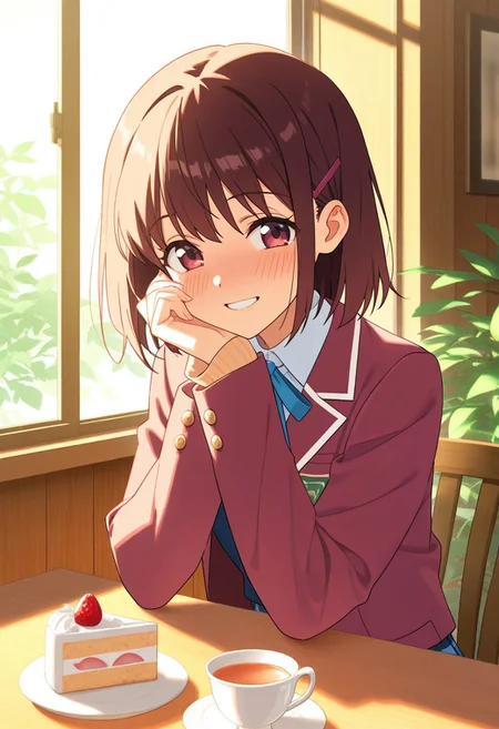 masterpiece, best quality, high quality, high details, source_anime, score_9, score_8_up, score_7_up, extremely detailed,
cheerful high school girl in uniform, sitting at cozy café table with tea and strawberry cake, smiling gently, warm sunlight through window, wooden interior, plants around, soft shadows, gentle blush, soft focus background, pastel tones, heartwarming anime style, shoulder-up view