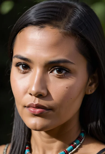 side shot, 30 year old Native american Algonquin woman, sharp features, triangular face, dark brown eyes, graying black hair, high cheekbones, small mouth, full lips, strong chin, ((looking to the side))