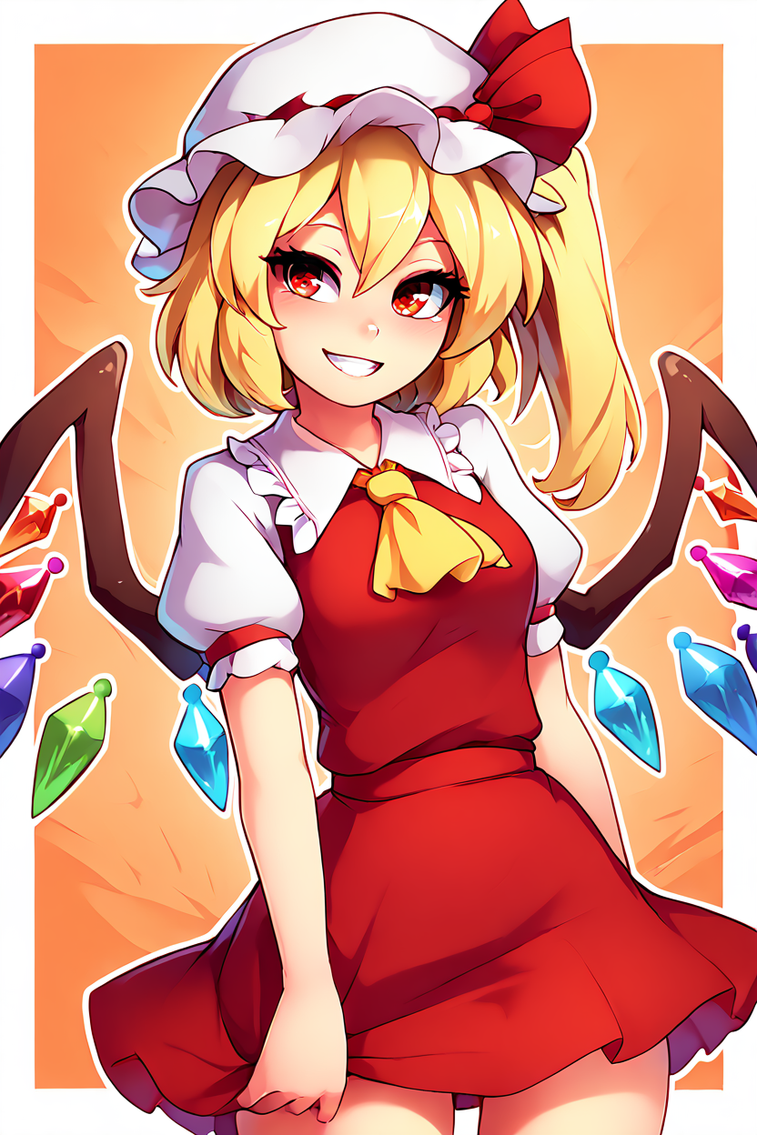 score_9, score_8_up, score_8, medium breasts, (curvy), cute, eyelashes,       BREAK, ,  ,,,  zzFlandre, red eyes, blonde hair, one side up, hair between eyes,  wings, ascot, red skirt, hat ribbon, short sleeves, puffy sleeves, mob cap, red shirt,  <lora:FlandreTouhou_PDXL:0.8>,   ,,, , BREAK, smile, looking at viewer, ,,, abstract background, white outline, cowboy shot, ,,, embedding:zPDXL, Expressiveh, ,,, <lora:theOtherHalfPDXL:0.8>, <lora:CatalystStylePDXL:0.6>, <lora:SDXLFaeTastic2400:0.5>, <lora:Expressive_H-000001:0.4>,