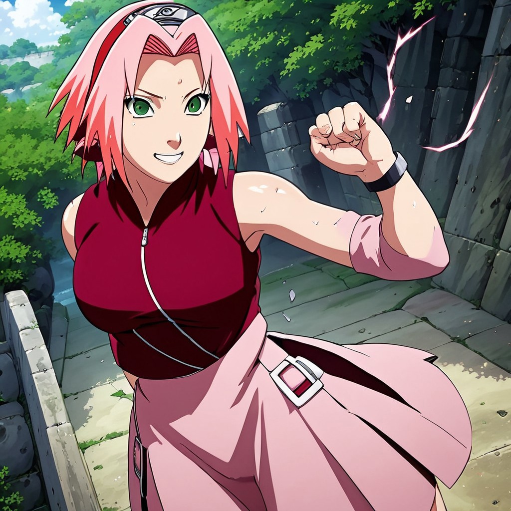 A naughty and teasing picture of Sakura haruno punching at the viewer ; hot and sexy  ; forehead mark and green eyes ; teasing smile on the face ; wind blowing up her skirt