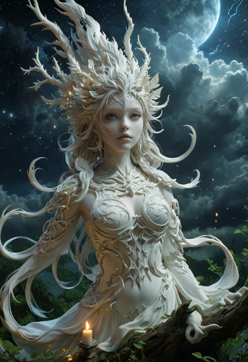 A 24mm image in a WhiteMold style, looks 3D printed in a wonderful aesthetic white, Dryad, with high detailed and beautiful eyes set in A grand celestial palace floating among the stars, a dynamic dying pose and an panic expression. The scene is illuminated by Gentle candlelit glow, enhancing the mysterious atmosphere. Distant thunder flashing across stormy clouds. Merging anime expressiveness with cinematic ultra-HD depth, resulting in a visually stunning 8K masterpiece. Intricately composed, the scene radiates depth and emotion in razor-sharp detail., <lora:add-detail-xl:0.5>, <lora:xl_more_art-full_v1:0.8>, <lora:3DPrintingXL:1>,