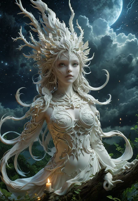 A 24mm image in a WhiteMold style, looks 3D printed in a wonderful aesthetic white, Dryad, with high detailed and beautiful eyes set in A grand celestial palace floating among the stars, a dynamic dying pose and an panic expression. The scene is illuminated by Gentle candlelit glow, enhancing the mysterious atmosphere. Distant thunder flashing across stormy clouds. Merging anime expressiveness with cinematic ultra-HD depth, resulting in a visually stunning 8K masterpiece. Intricately composed, the scene radiates depth and emotion in razor-sharp detail., <lora:add-detail-xl:0.5>, <lora:xl_more_art-full_v1:0.8>, <lora:3DPrintingXL:1>,