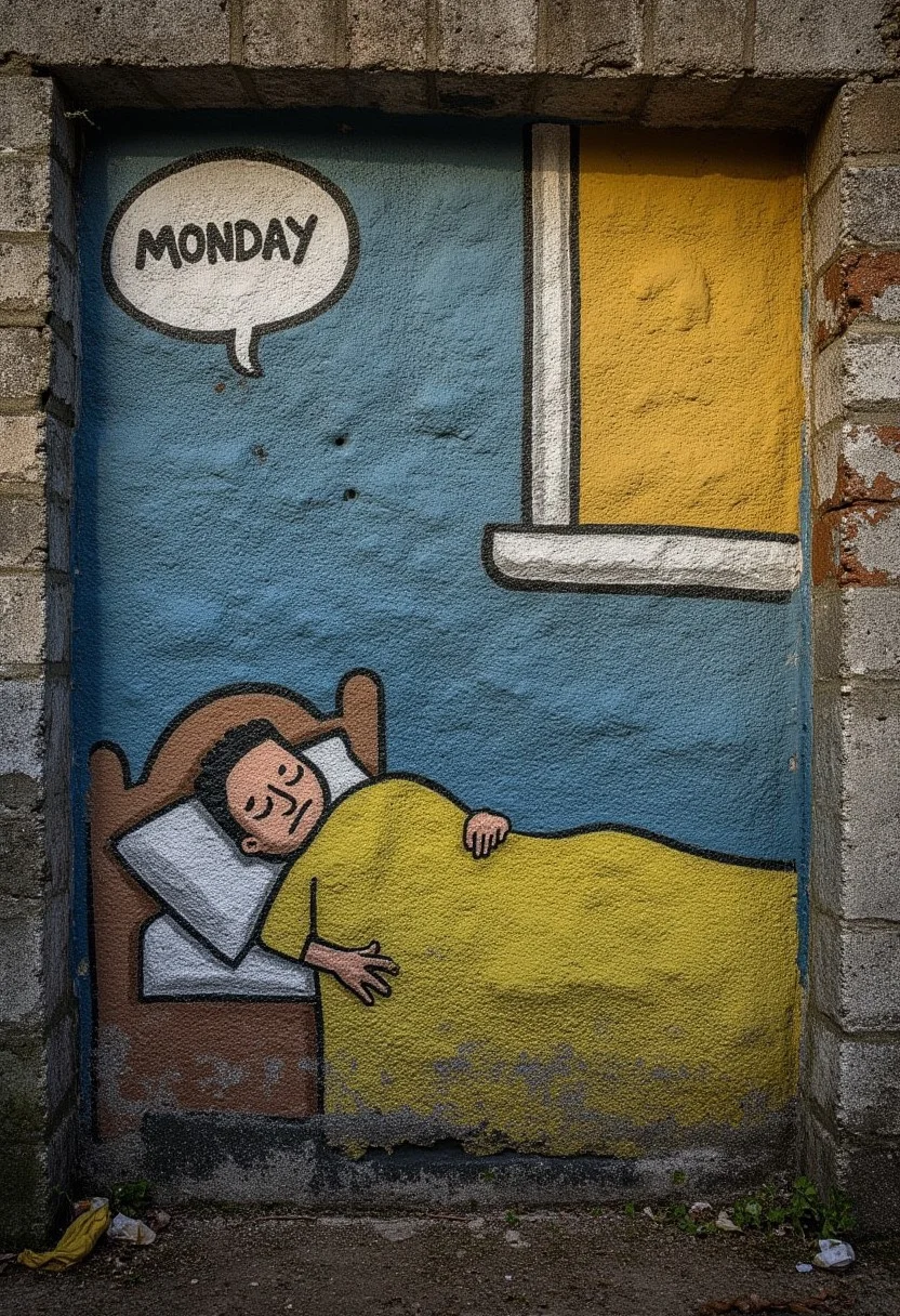 weathered-graffiti, outside view of an old decayed wall with an old weathered graffiti of a sleeping Guy in a cozy bed with a Nightmare dream and horror speechbubble-text "monday", distressed, DARK color themed,