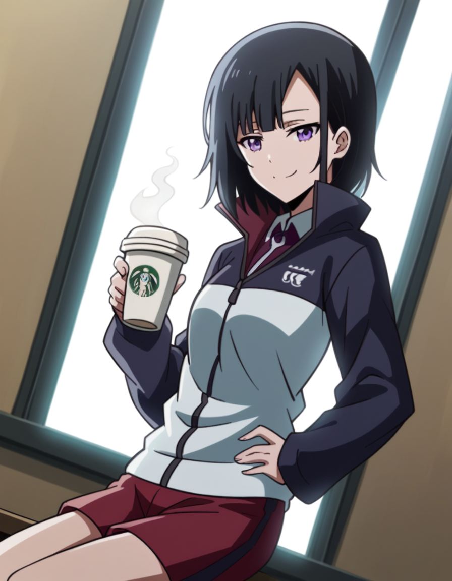 score_9, score_8_up, score_7_up, source_anime, <lora:yuika-shiwahime-s1-ponyxl-lora-nochekaiser:1>, yuika shiwahime, short hair, black hair, purple eyes,, shirt, jacket, necktie, shorts, sleeves past wrists, track jacket,, cafe, coffee cup, barista, sitting down, talking, relaxing, sunlight through window, smile, , smug, hand on hips,, solo,, dutch angle, cowboy shot