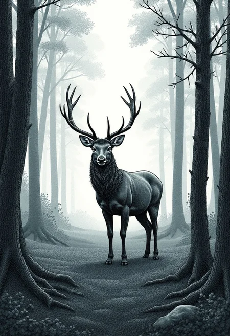 Majestic stag in a foggy forest, stippled illustration in the style of STPPLD, standing proudly among tall trees with mist drifting through the forest, highlighting the details of its antlers and textured fur