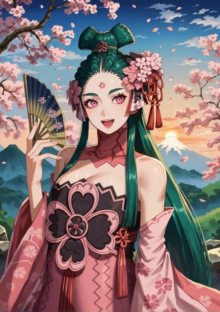 score_9, score_8_up, score_7_up, source_anime,high detail,detailed face,1girl,large breasts,konohanasakuyasmt, green hair, very long hair, pink eyes, lipstick, hair flower, forehead mark, choker, pink dress, japanese clothes, detached sleeves, green pantyhose <lora:zs_KonohanaSakuyaXL:1>,cherry blossoms, mountain, horizon,sunset,sky,mountaintop,clouds,,air,depth of field,jptradartpny, <lora:jptradartpny:1>,looking at view,smile, folding fan, hand fan,rock,open mouth