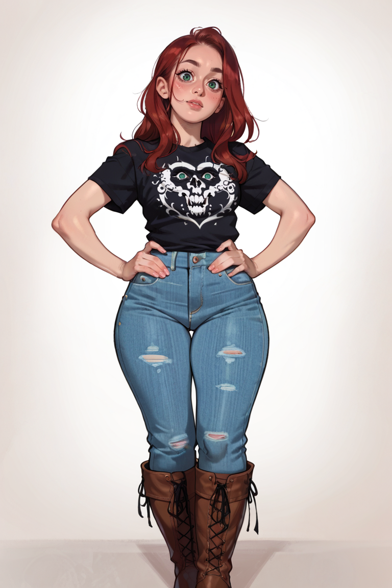 <lora:RealMix2:1>, score_9, score_8_up, score_7_up, score_6_up, score_5_up, rating_questionable, source cartoon
1girl, pretty face, pretty eyes, detailed eyes, HD eyes, thick thighs
hands on hips, standing, cowboy shot
looking at viewer, blush, eyebrows, long hair, red hair, green eyes jeans, green t-shirt, boots, high waisted jeans
simple background, white background