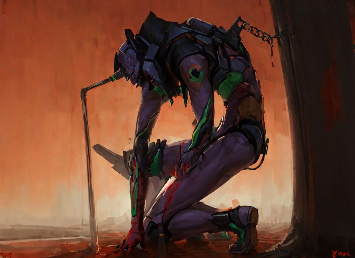 evaunitone, armor, blood, blood on hands, entry plug, from side, full body, holding, horns, mecha, one knee, orange theme, robot, single horn, eva 01, neon genesis evangelion <lora:SD15_noise_offset:1> <lora:eva01_v2:0.7>