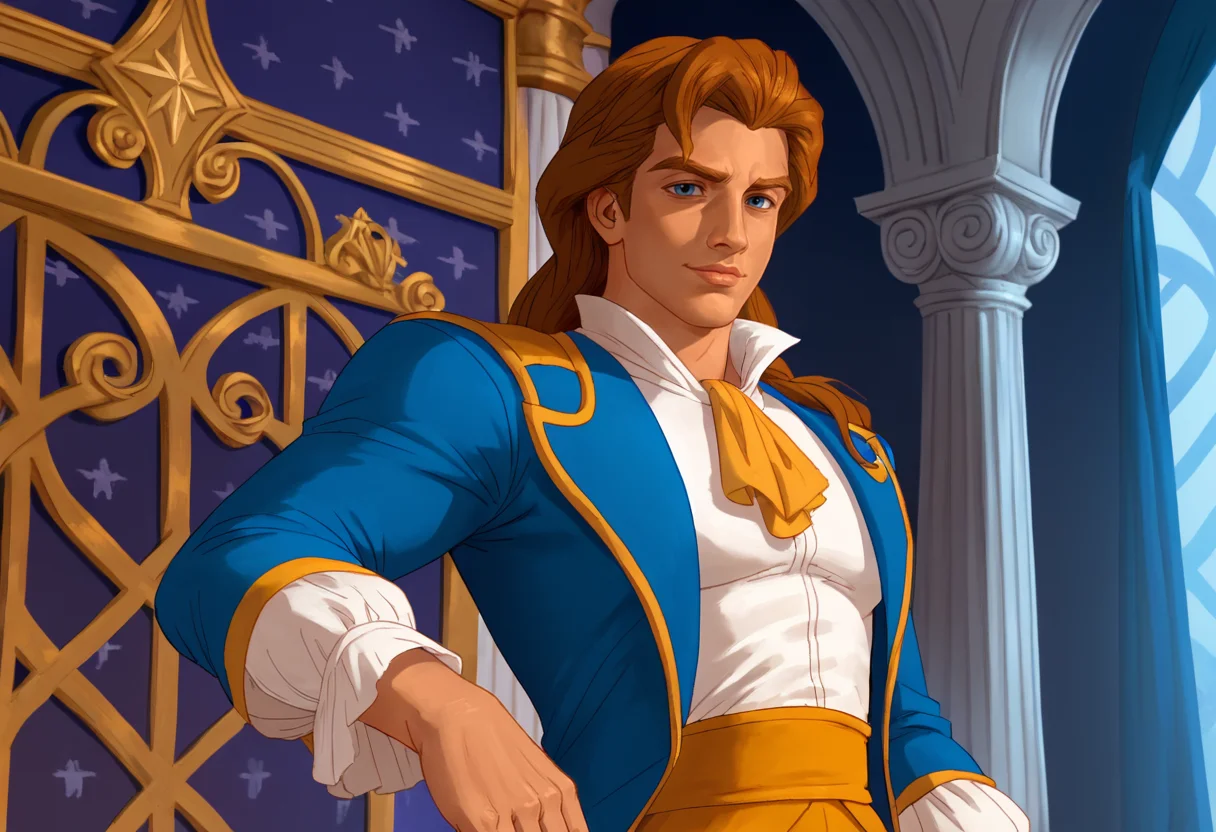 score_9, score_8_up, score_7_up, Prince_Adam_BTB, 1man, solo, royal attire, blue and yellow royal clothes, long boots, baroque ballroom, zPDXL3, <lora:Prince_Adam_BTB:1>, <lora:add-detail-xl:0.8>, <lora:zPDXL3:1>, a frock coat with lapels